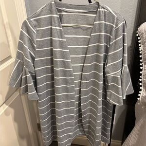 Gray Striped Women's Top with Ruffle Sleeves